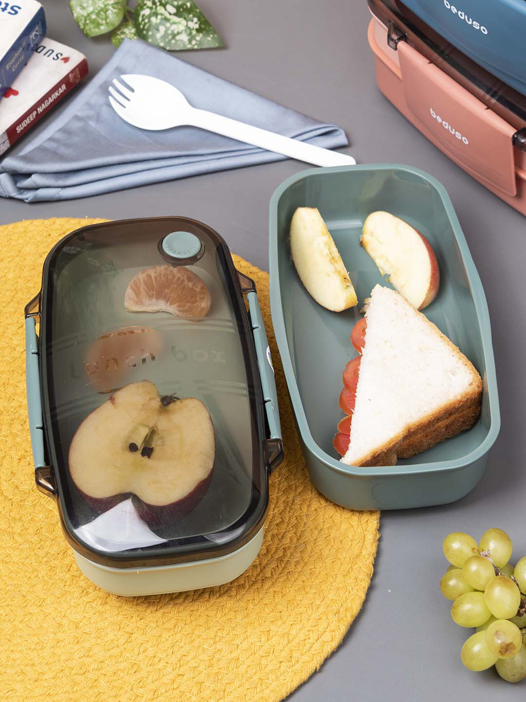 MARKET99 2 Layer Green Solid Plastic Dishwasher Safe 2PCs Lunch Box With Spoon and Fork