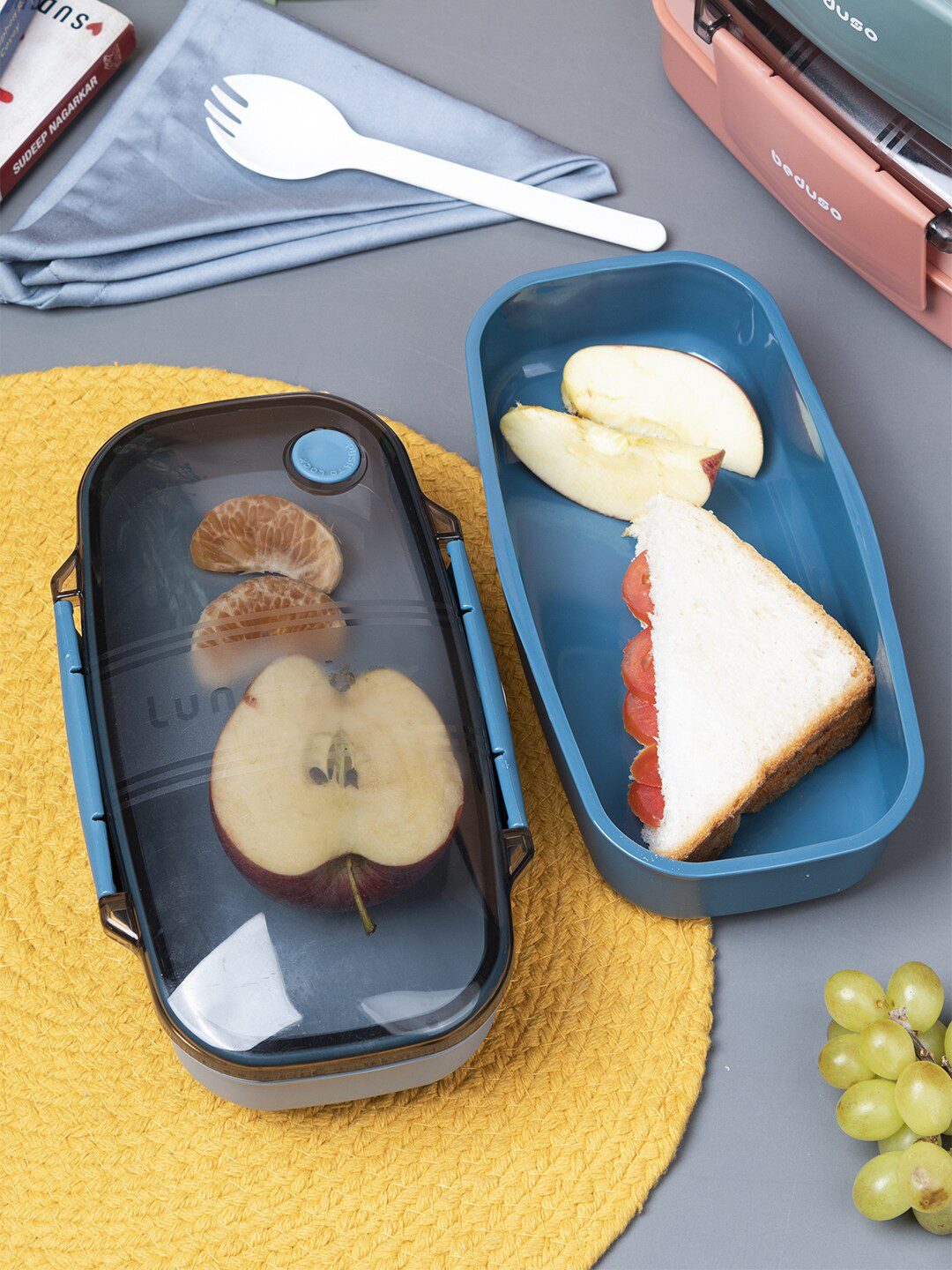 MARKET99 2 Layer Blue Solid Plastic Dishwasher Safe 2PCs Lunch Box With Spoon and Fork