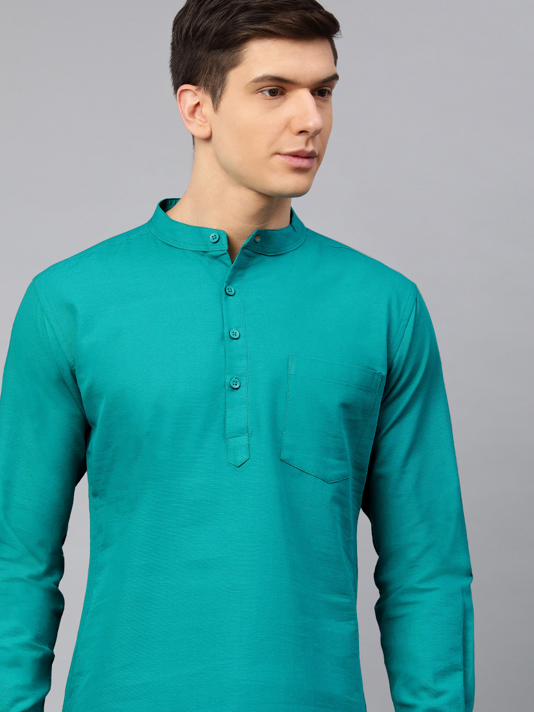 WHITE HEART Men Teal Green Cotton Solid Short Kurta