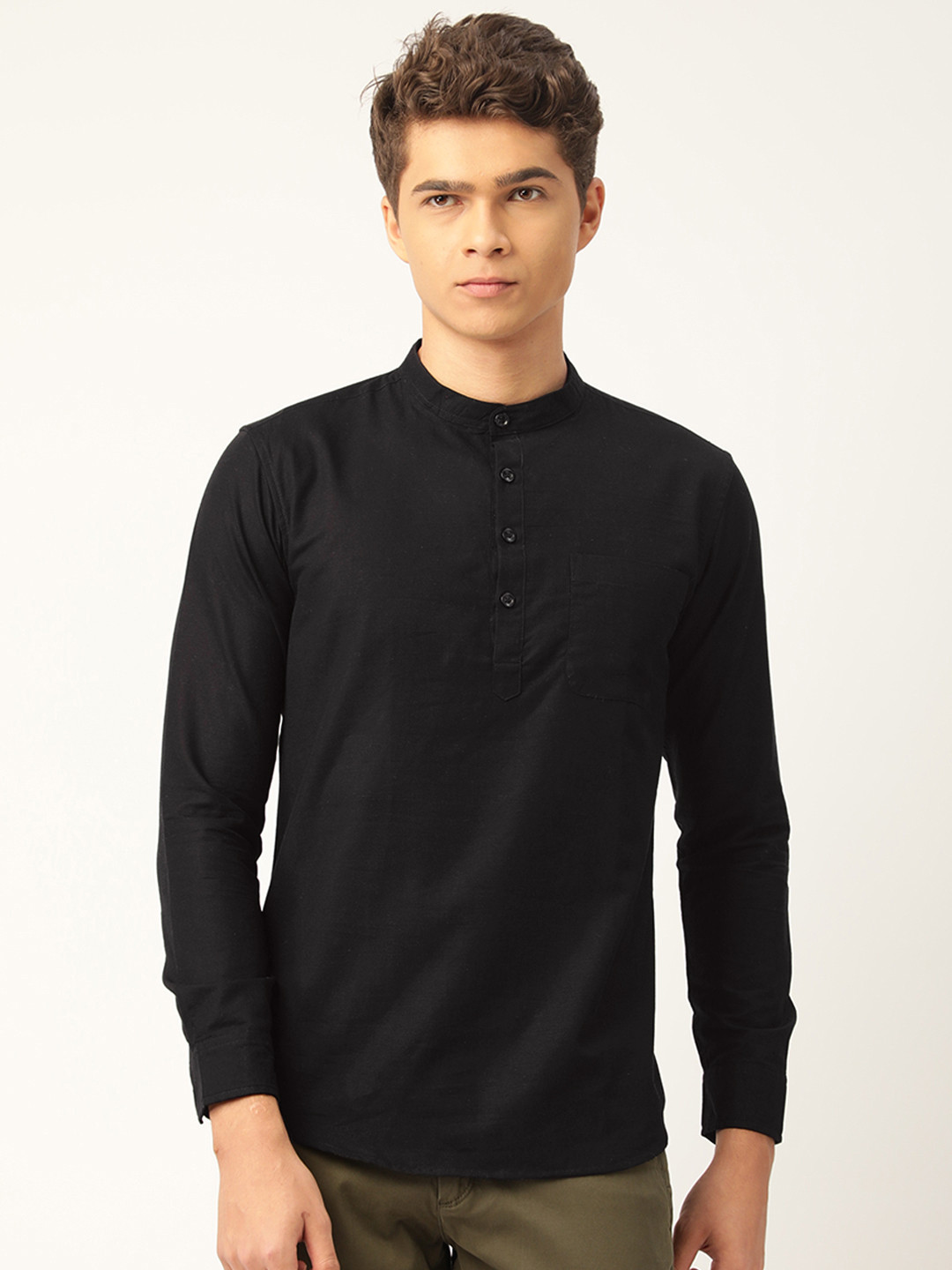 WHITE HEART Men Black Mandarin Collar Cotton Kurta
