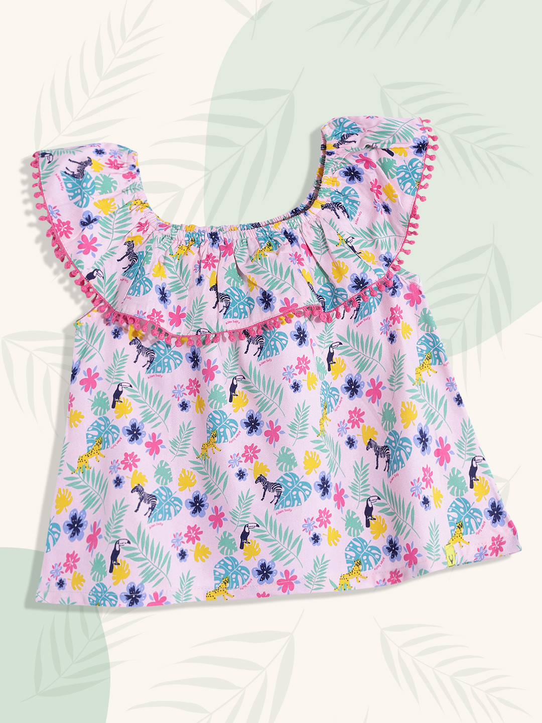 Allen Solly Junior Girls Pink & Green Print Off-Shoulder A-line Top