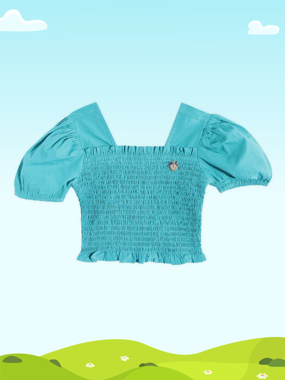 Allen Solly Junior Girls Blue Solid Smocked Pure Cotton Top