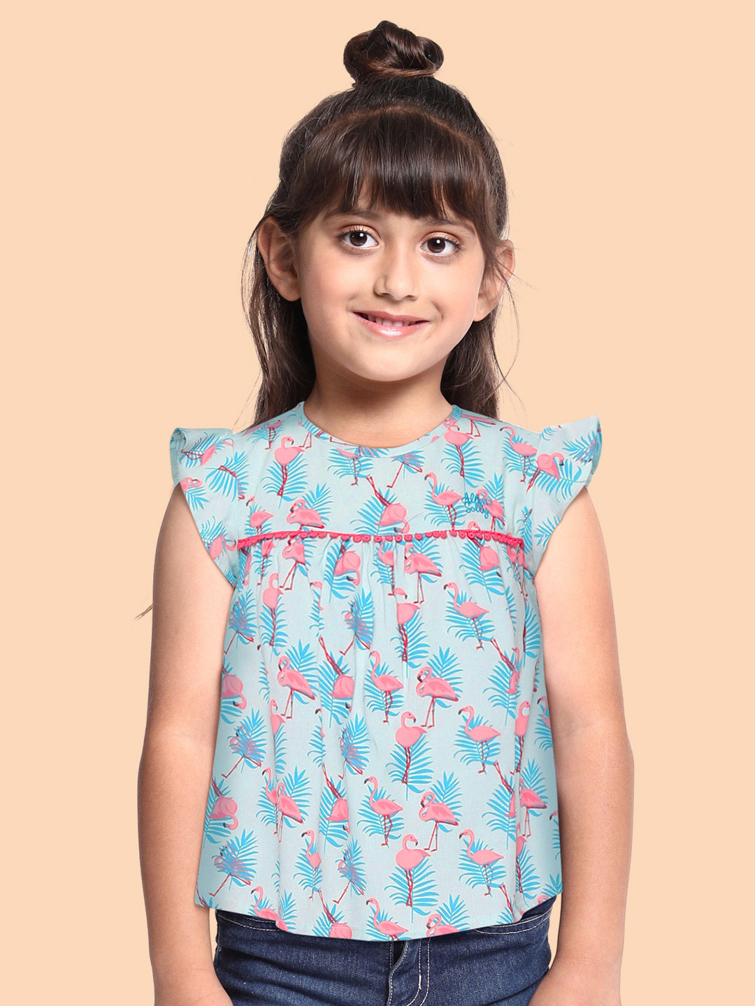 Allen Solly Junior Girls Sea Green & Pink Printed A-line Top