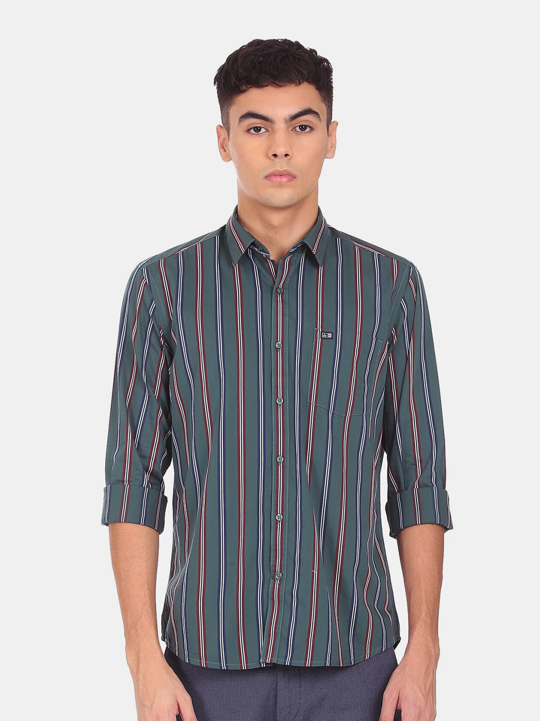 Arrow Men Green Striped Pure Cotton Casual Shirt