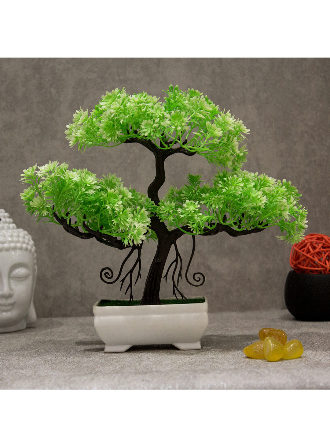 AMFLIX Green & White Bonsai Artificial Plant With Pot
