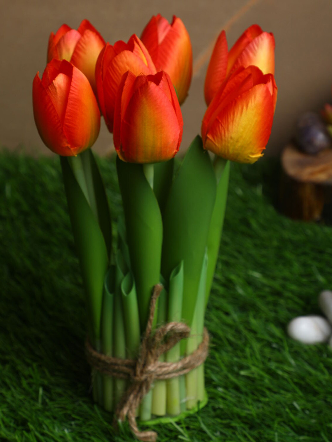AMFLIX Orange & Green Artificial Tulip Flowers Bunch