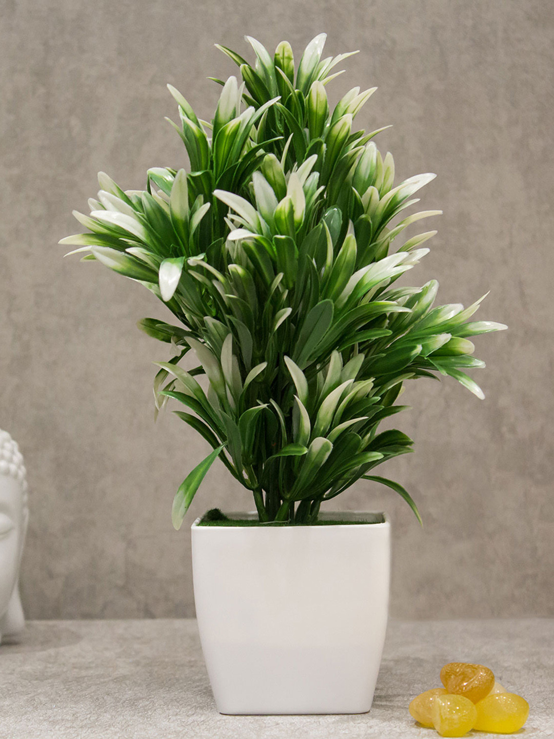 AMFLIX White & Green Artificial Bonsai Plant With Pot