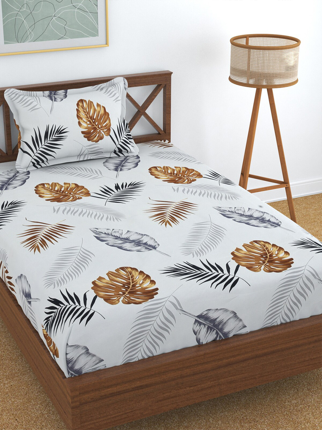 Florida White Leaf Polycotton 144 TC Single Bedsheet with a Pillow Cover-93 x 63 inches