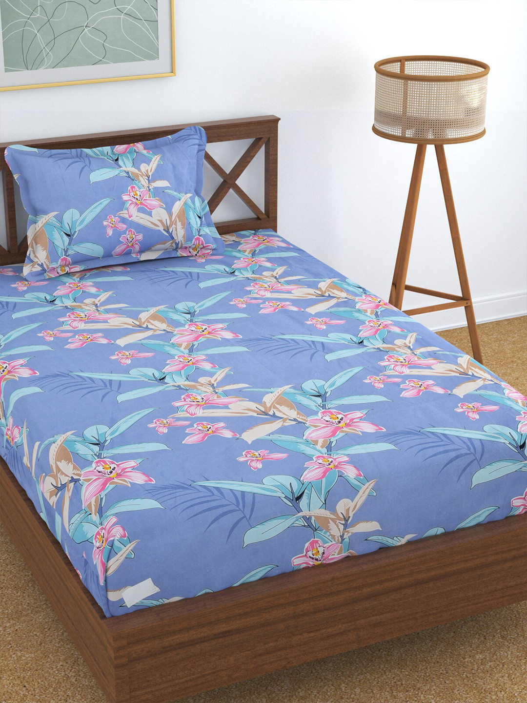 Florida Blue Floral Polycotton 144 TC Double Bedsheet with a Pillow Cover-93 x 63 inches