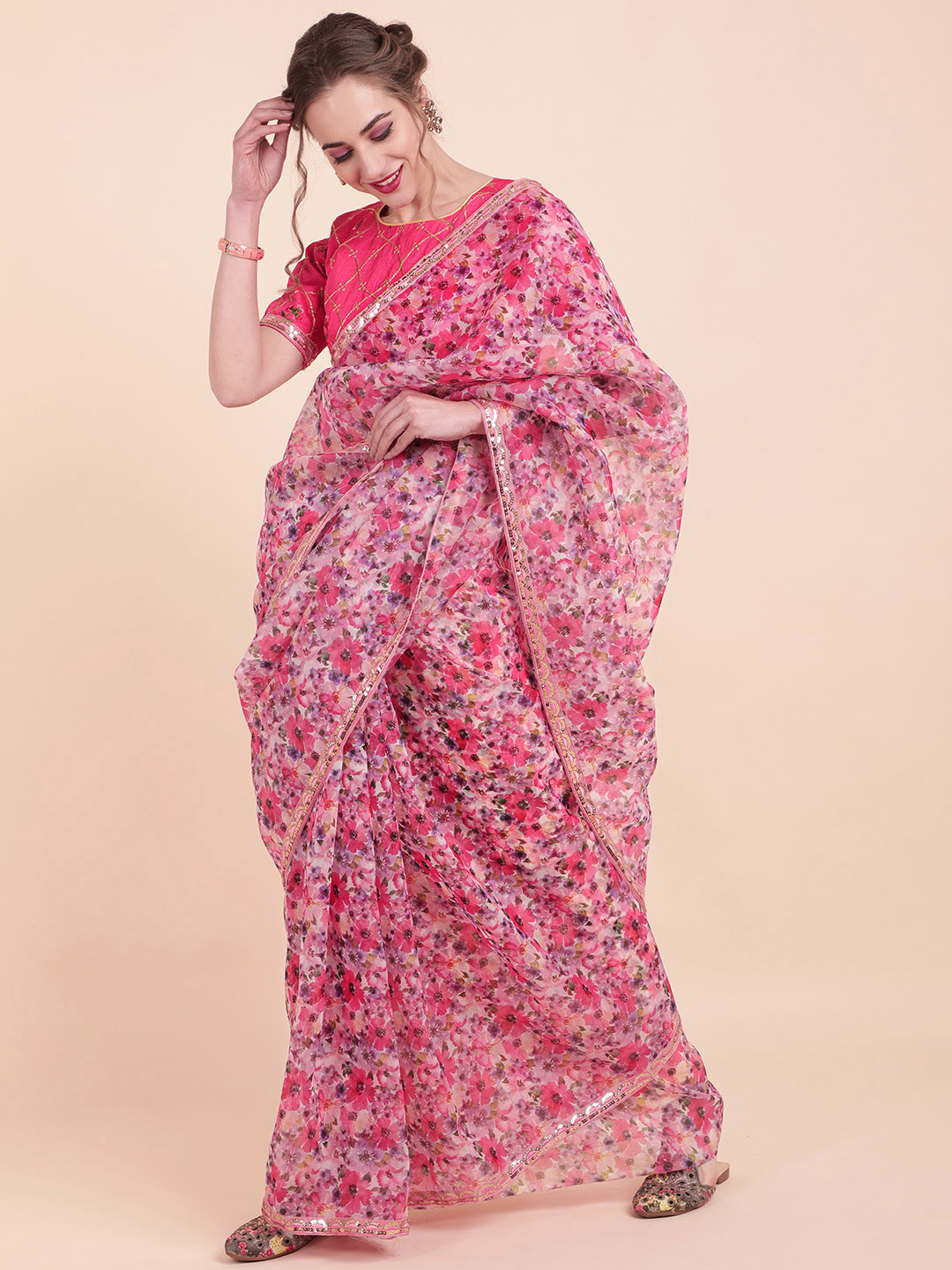 Sangria Pink & Purple Floral Sequinned Organza Saree
