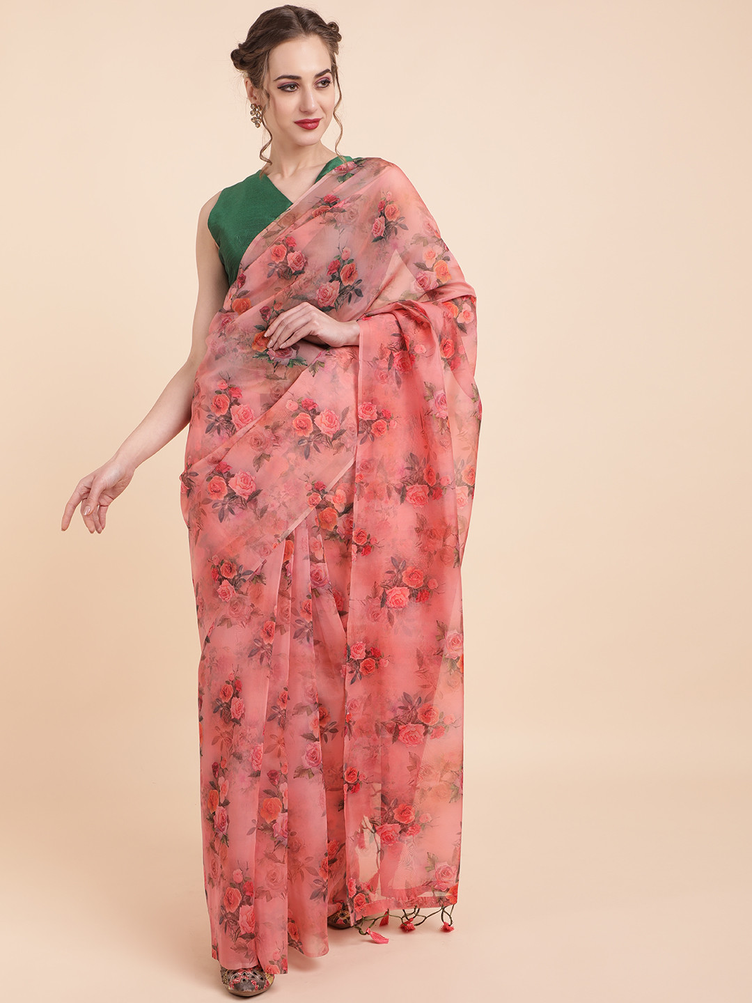 Sangria Rose & Green Floral Organza Saree