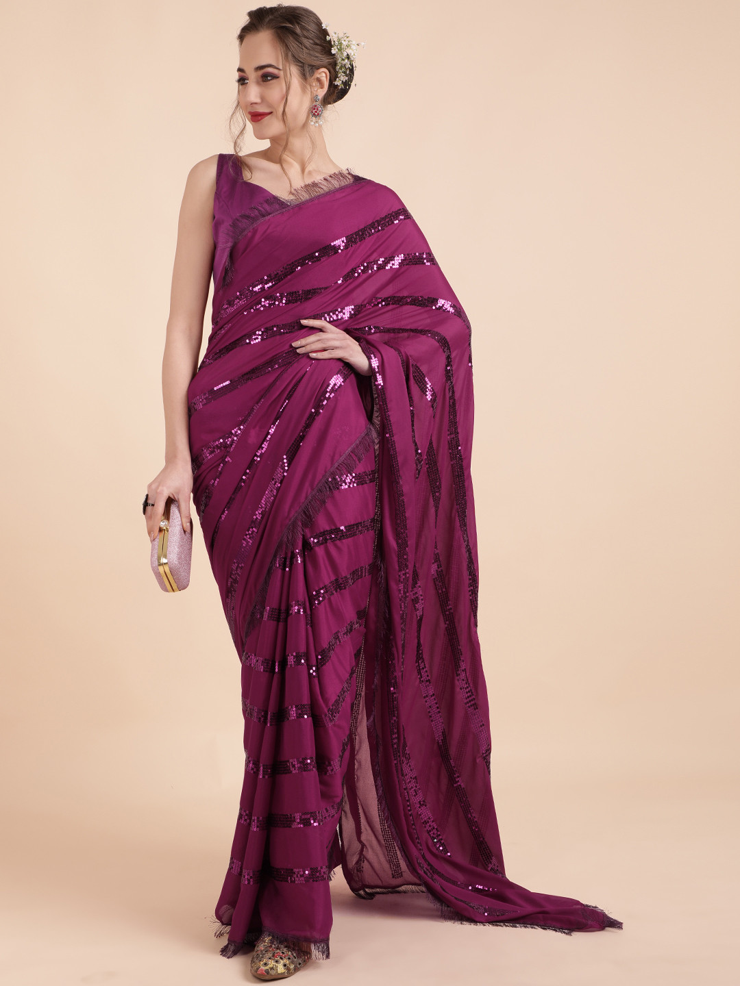 Sangria Burgundy Embellished Pure Georgette Saree