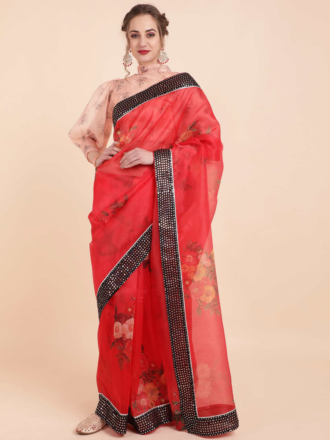 Sangria Red & Black Floral Sequinned Organza Saree