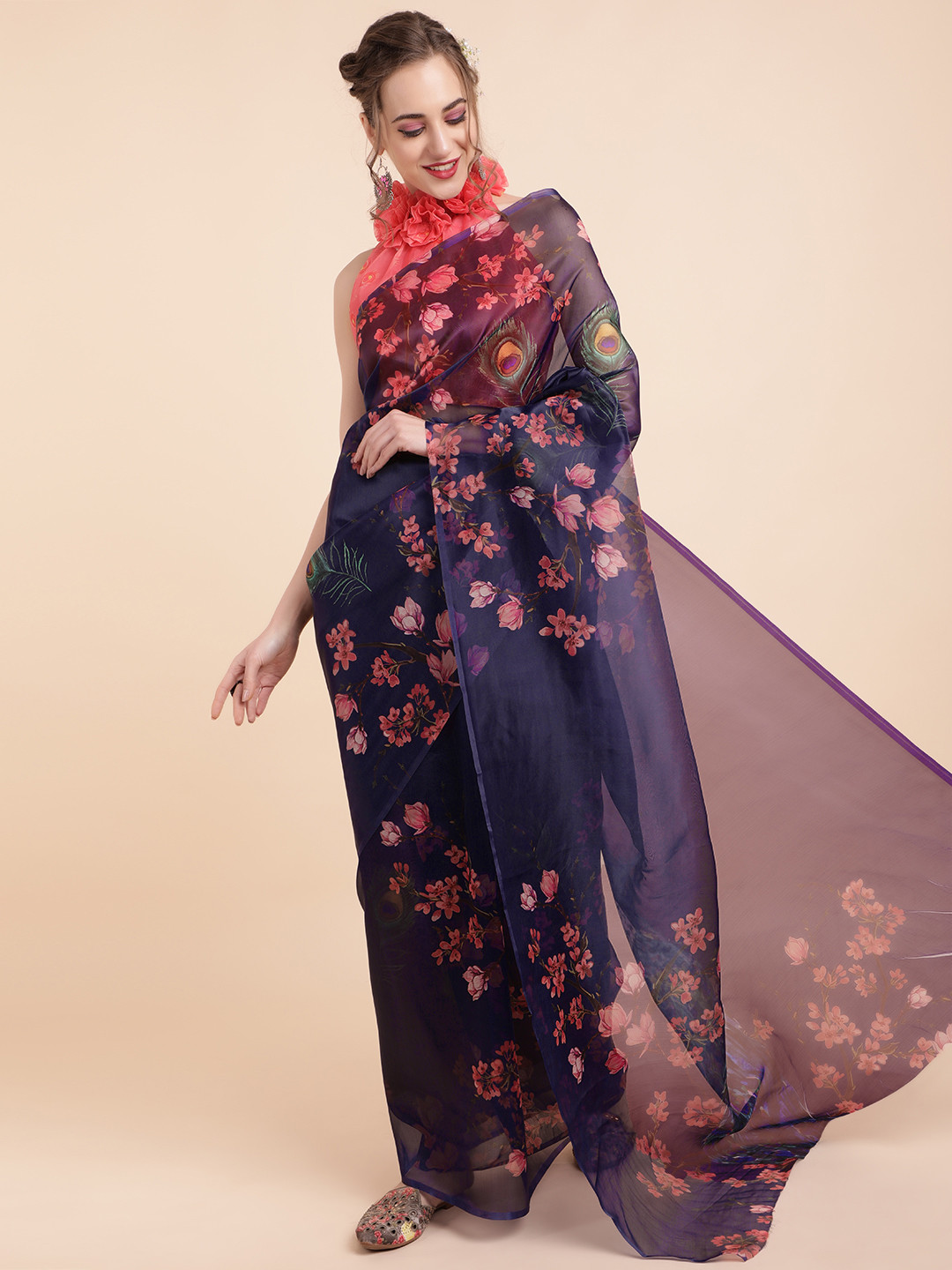 Sangria Navy Blue & Pink Floral Organza Saree