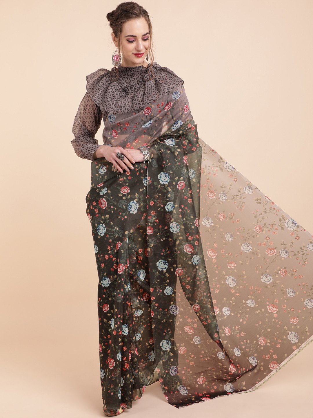 Sangria Black & Multi Color Floral Printed Organza Saree