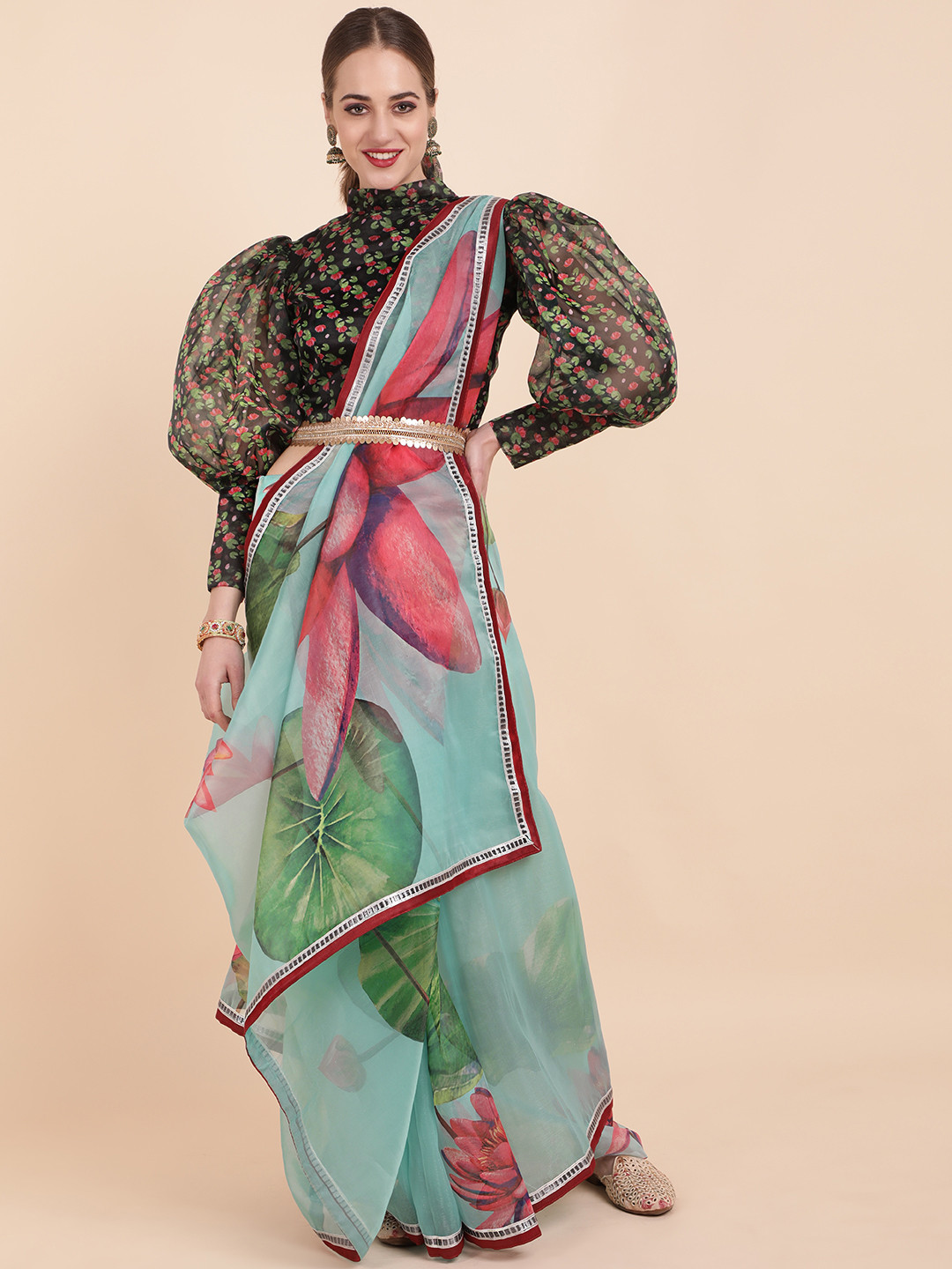 Sangria Sea Green & Pink Floral Printed Organza Saree