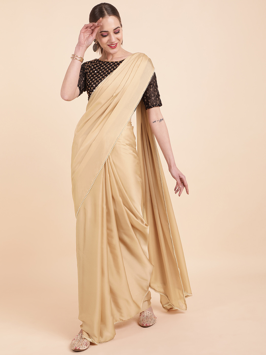 Sangria Nude-Coloured Satin Pearl Border Saree