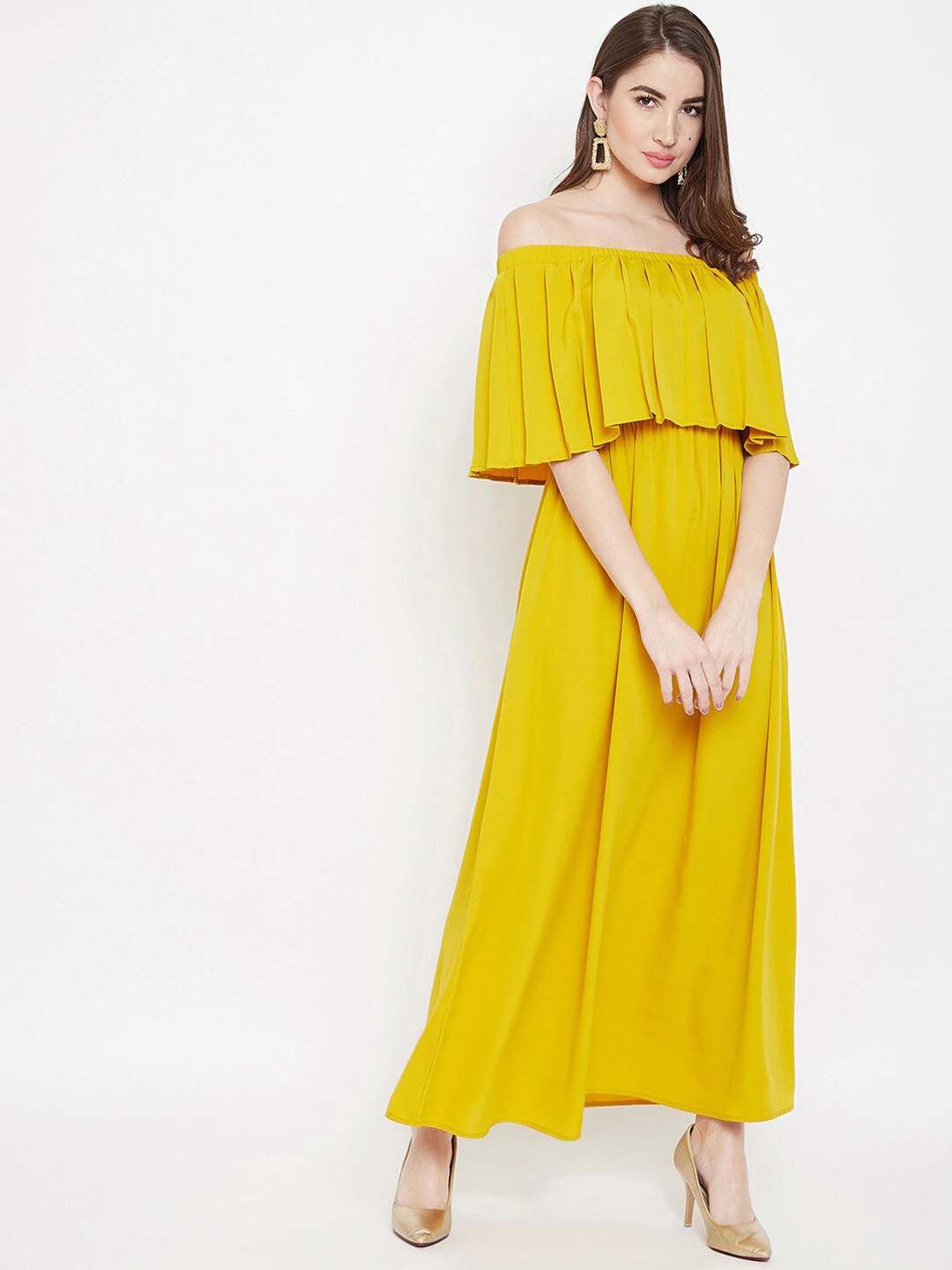 Berrylush Yellow Off-Shoulder Layered Crepe Maxi Dress
