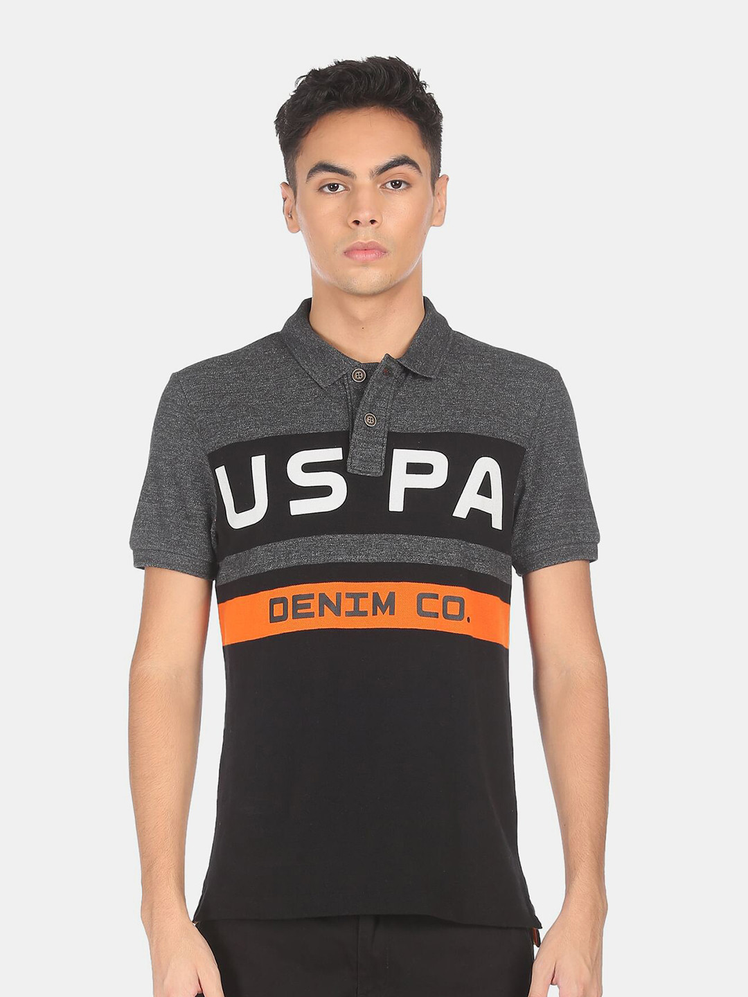 U.S. Polo Assn. Denim Co. Denim Co. Men Grey & Black Typography Printed Polo Collar T-shirt
