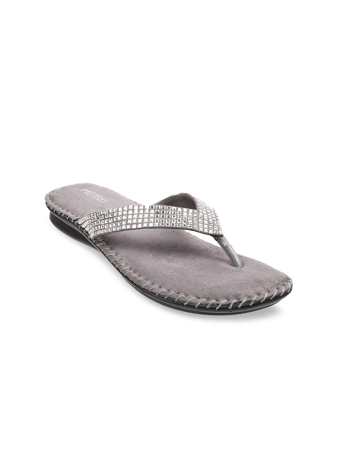 Metro Women Grey Embellished T-Strap Flats