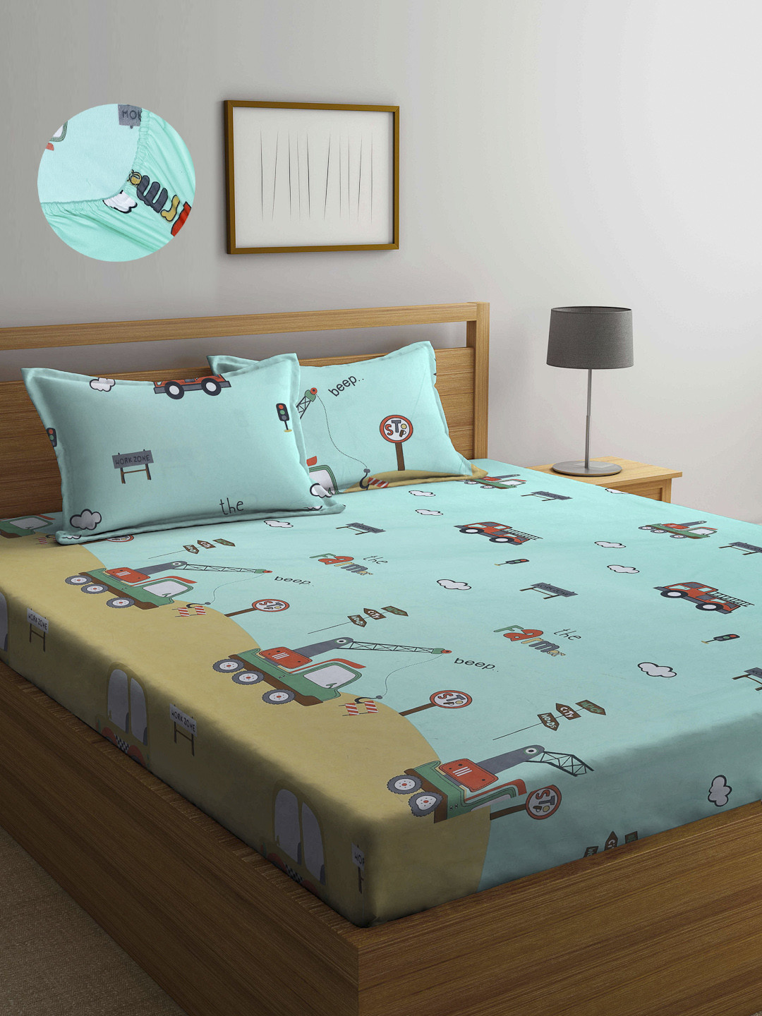 Arrabi Green Conversational Cotton 300 TC Fitted King Fine Bedsheet with 2 Pillow Covers-98 x 85 inches
