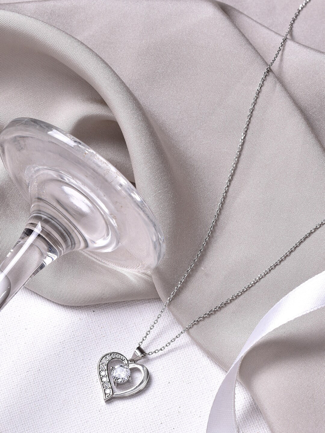 JOKER & WITCH Silver-Toned & White Stones-Studded Aveline Heart Pendant With Chain