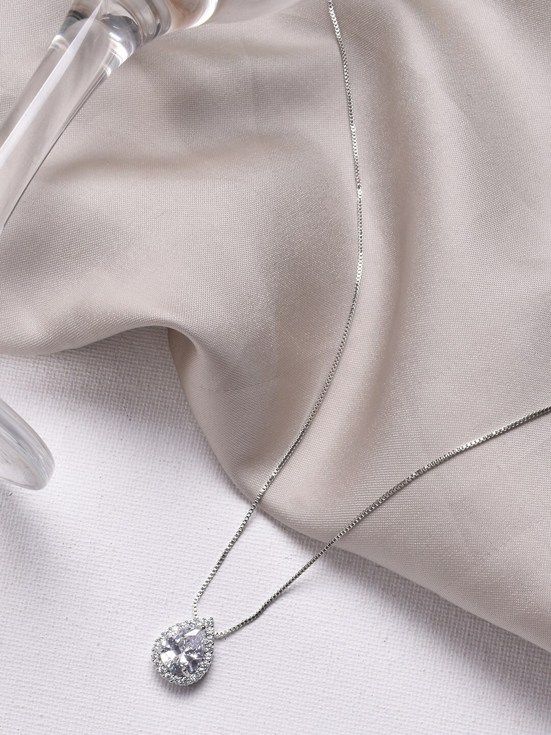 JOKER & WITCH Silver-Plated Rhinestone Studded Dew Drop Pendant with Chain