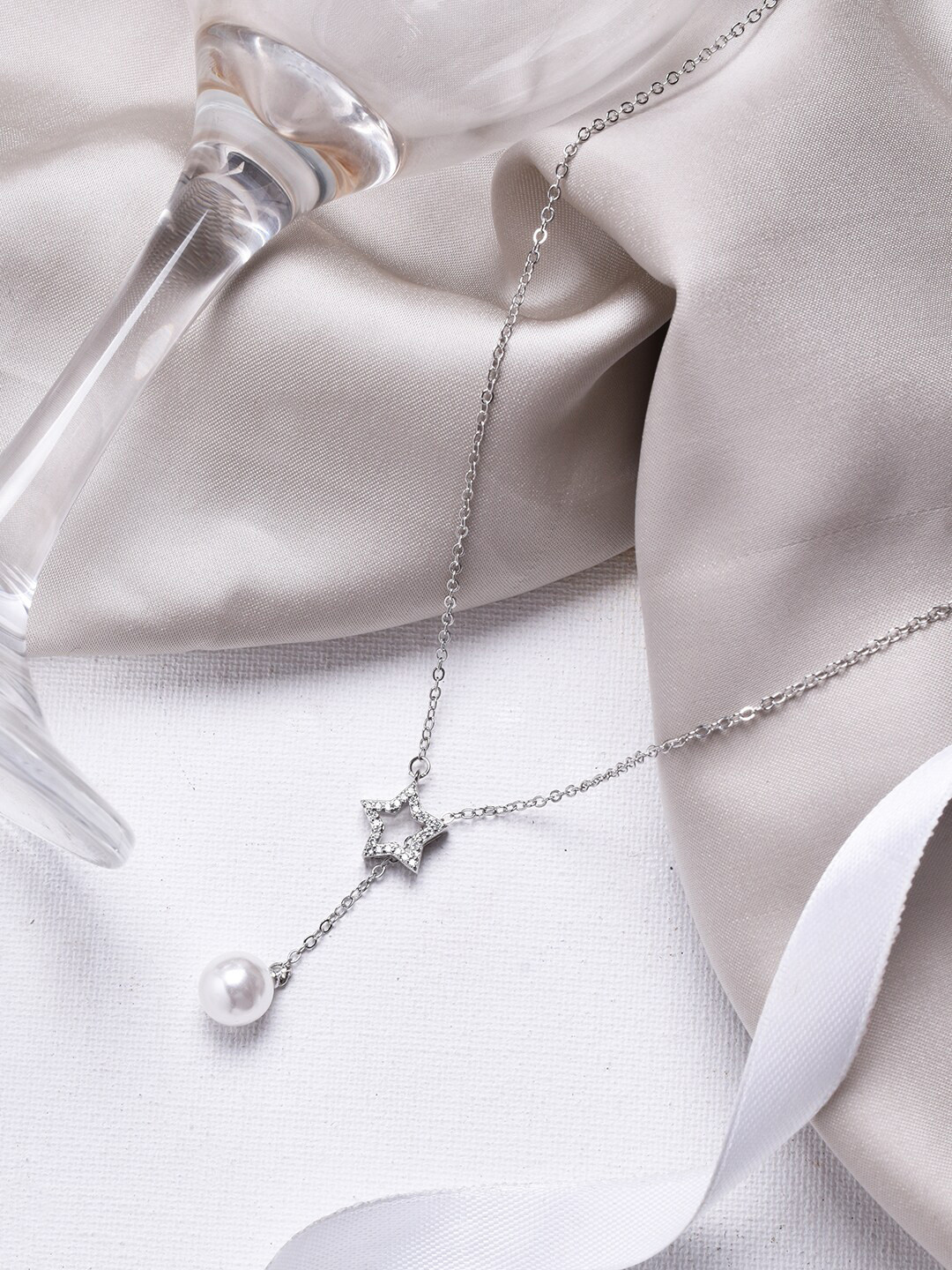 JOKER & WITCH Silver-Toned & White Stones-Studded Star Drop With Chain