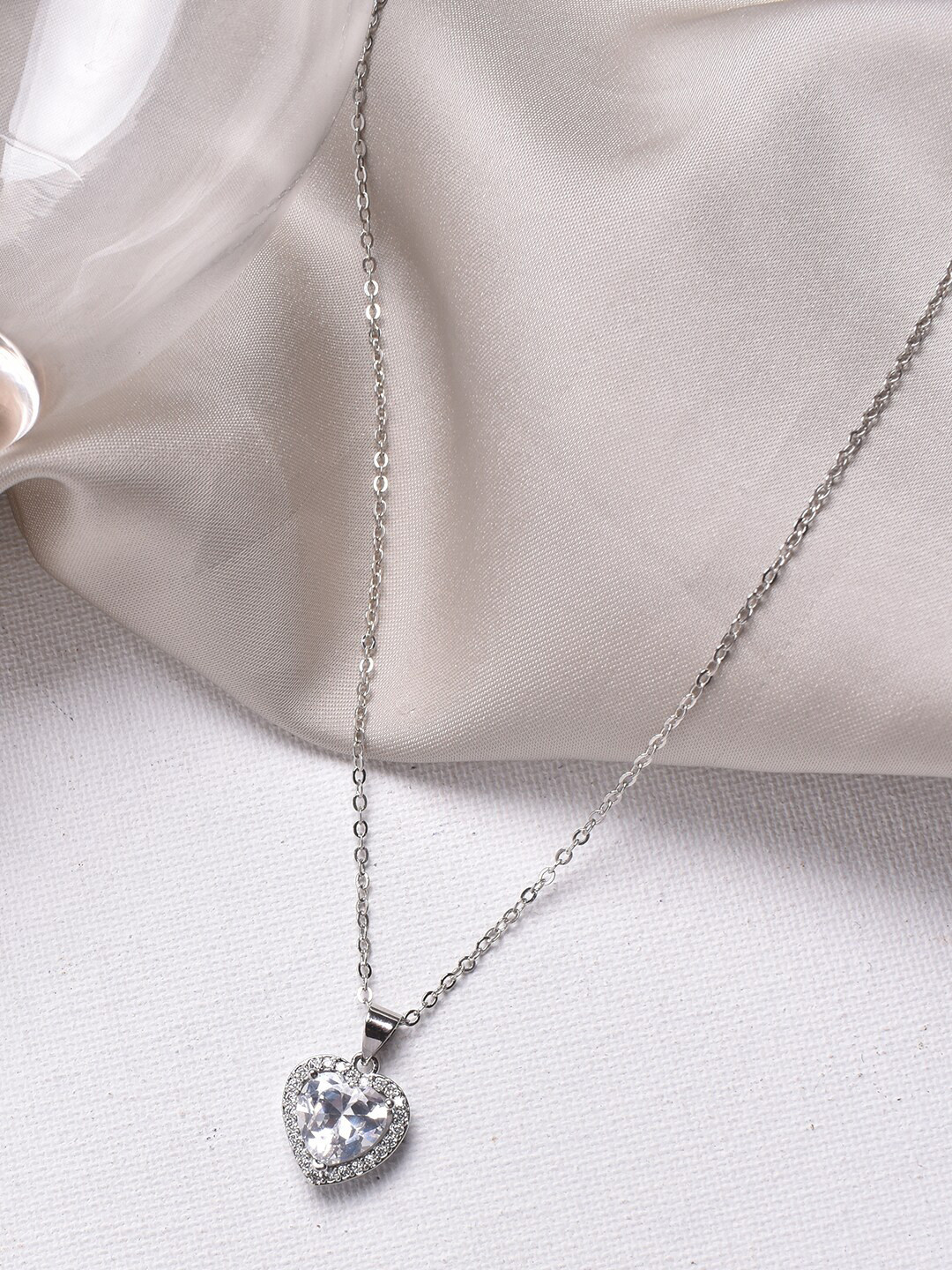 JOKER & WITCH Silver-Toned & White Stones-Studded Lilou Heart Shape Pendant With Chain