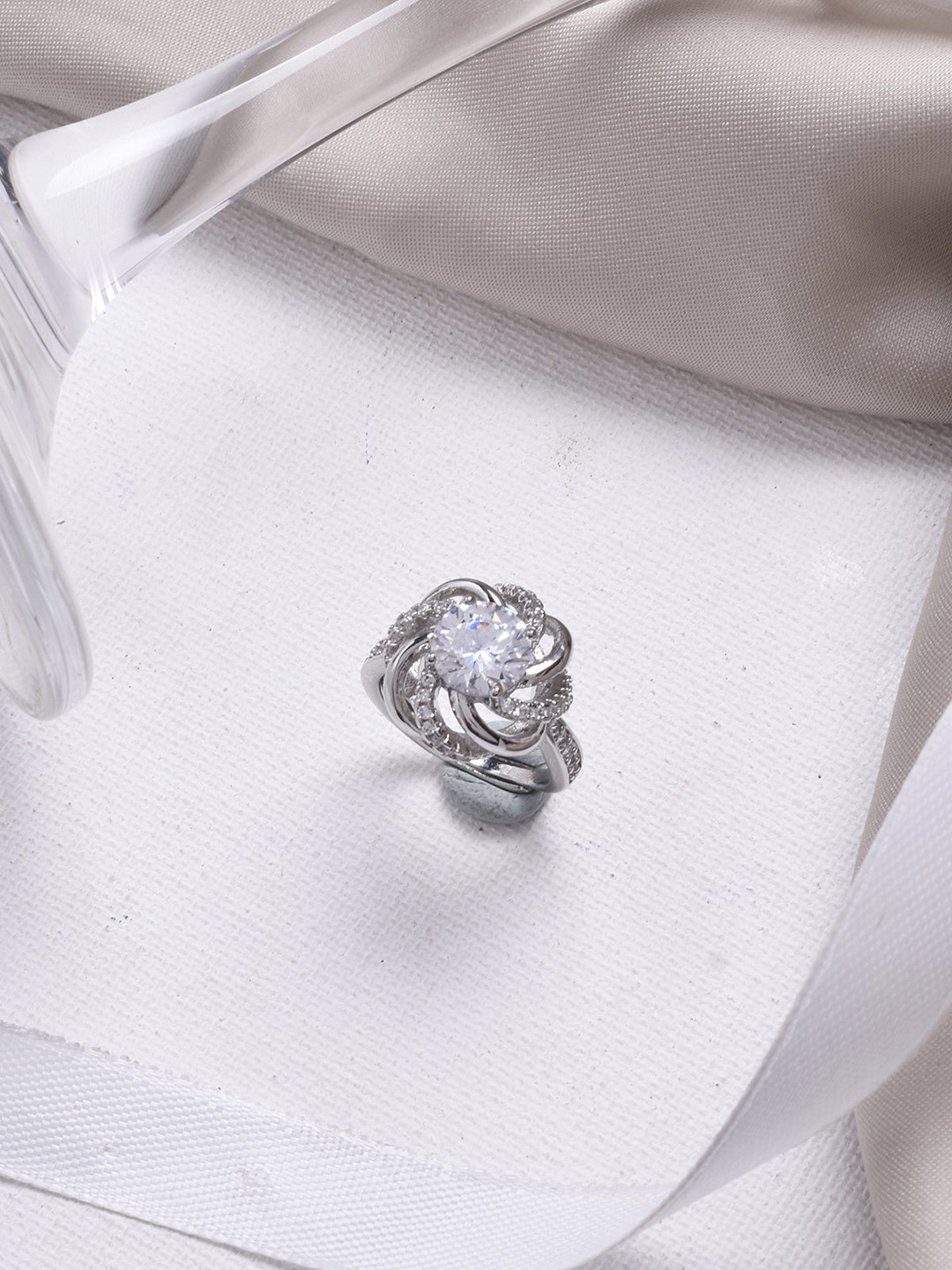 JOKER & WITCH  Silver-Toned White Stone Studded Knot Ring