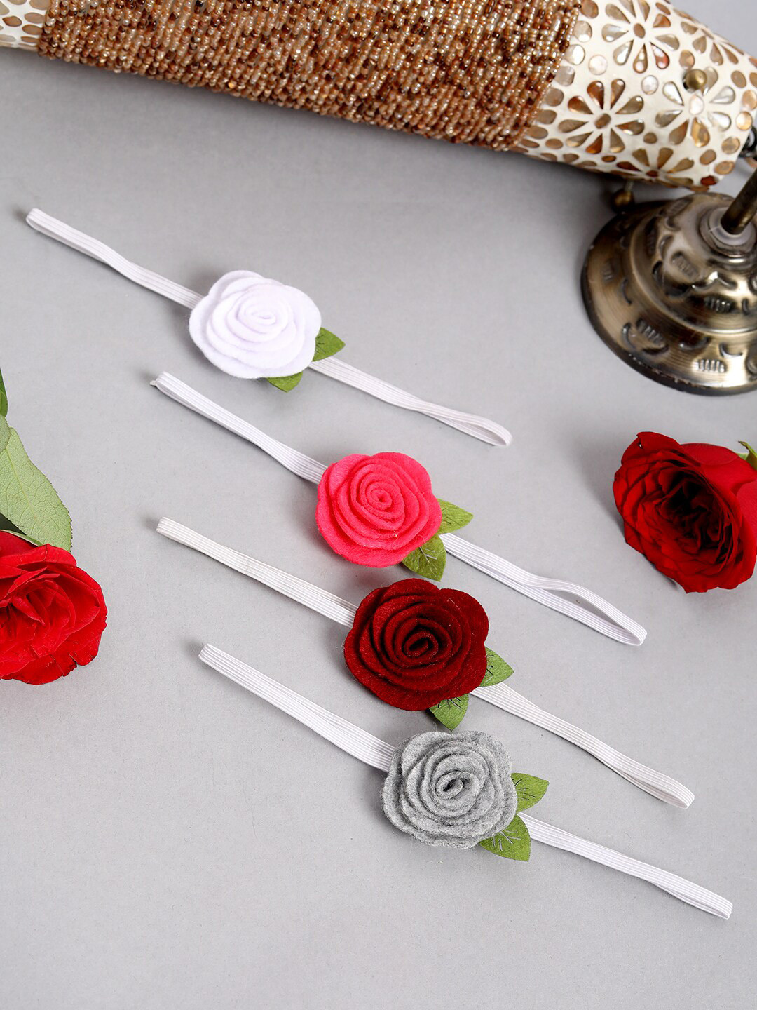 Babymoon Girls White & Maroon Set of 4 Floral Hairbands