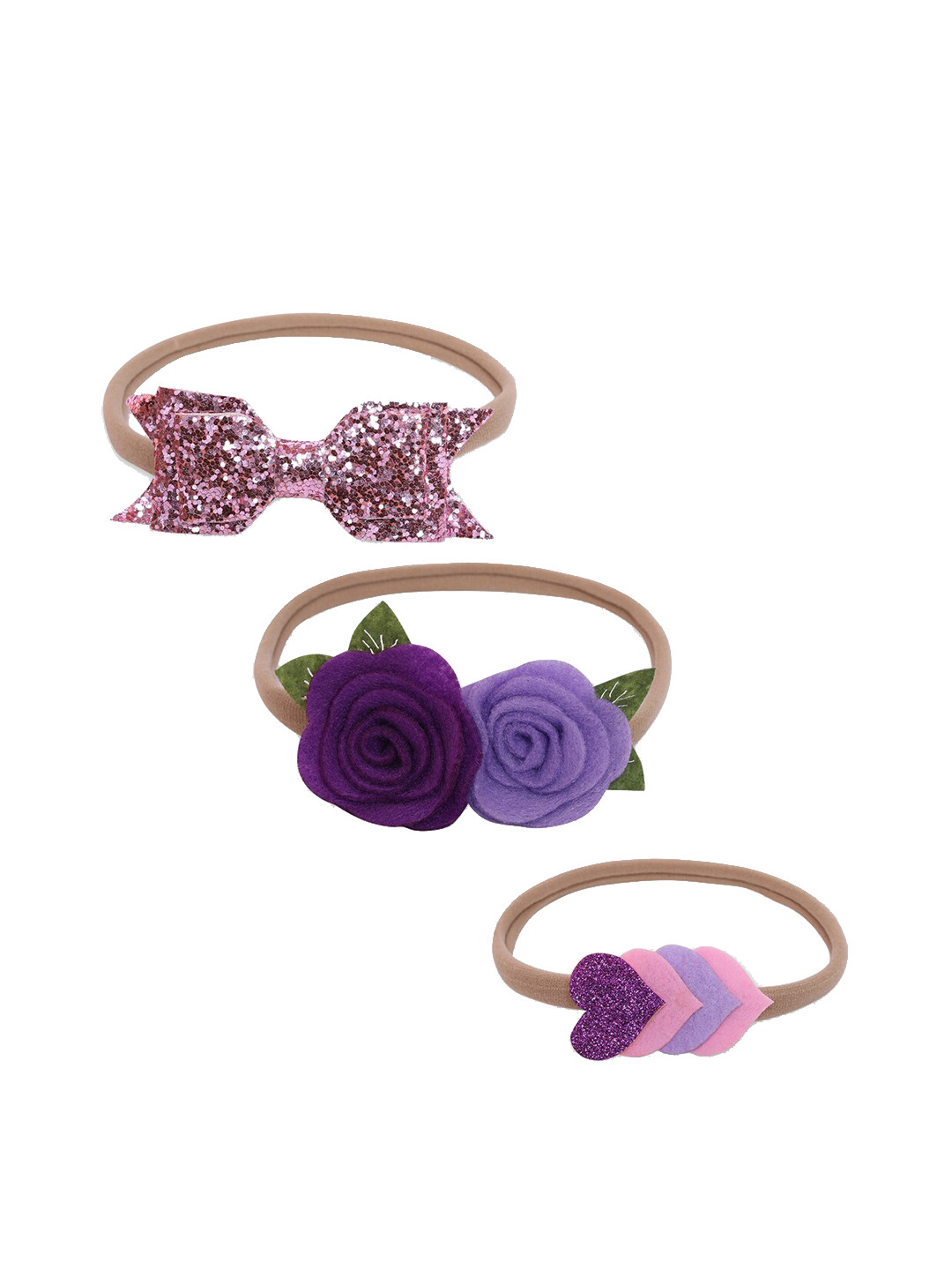 Babymoon Girls Purple & Pink Set of 3 Embellished Hairbands