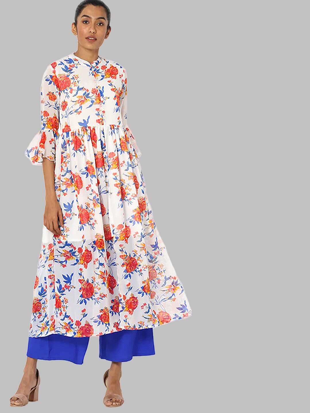 Bitterlime Women White & Orange Floral Printed Georgette Kurta