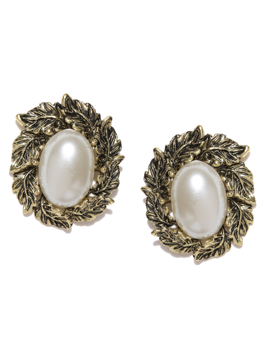 Shining Diva Fashion Antique Gold-Toned  Off-White Beaded Oversized Stud Earrings
