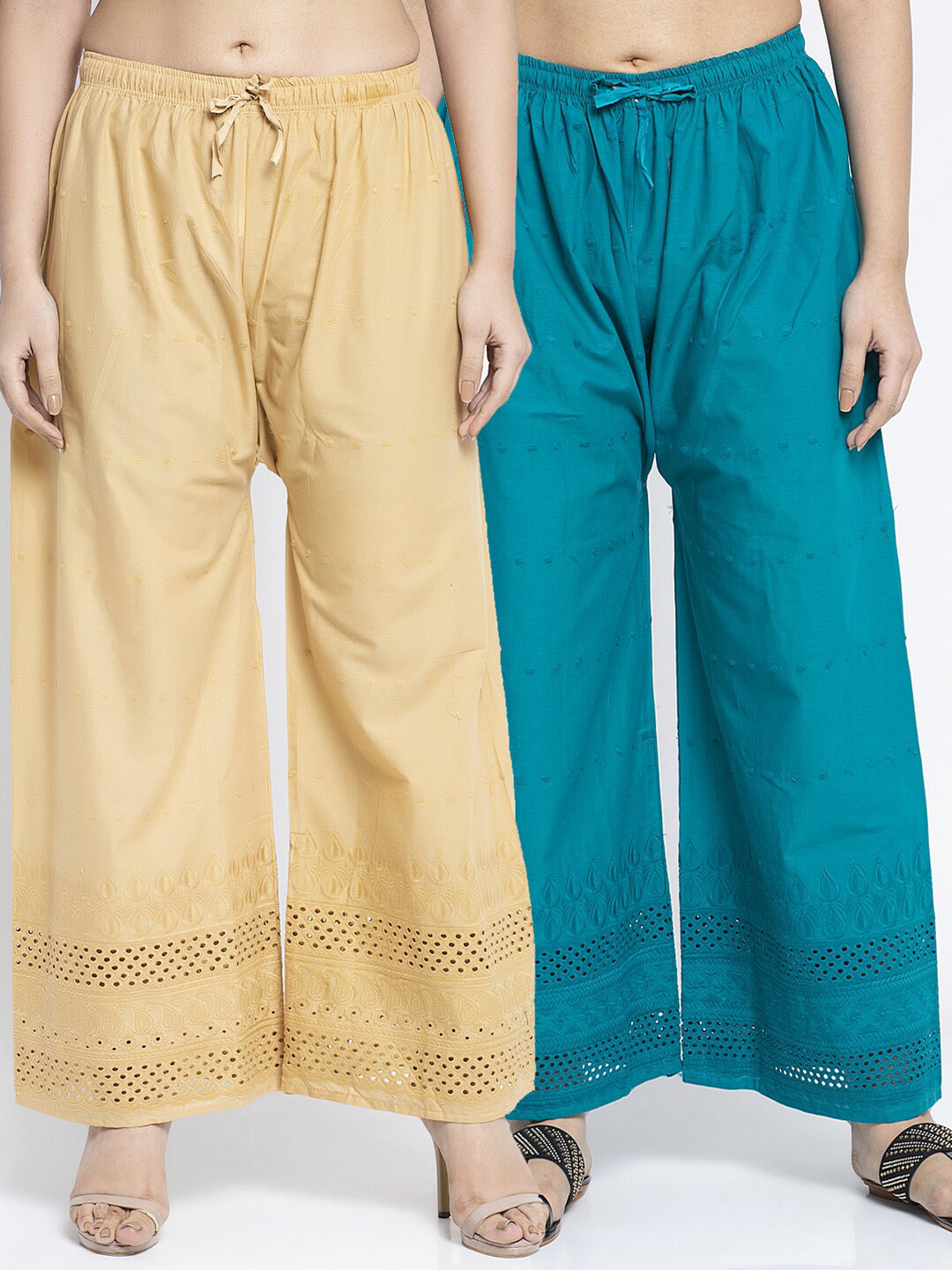 Jinfo Women Beige & Turquoise Blue Pack Of 2 Abstract Chikankari Straight Fit Palazzos