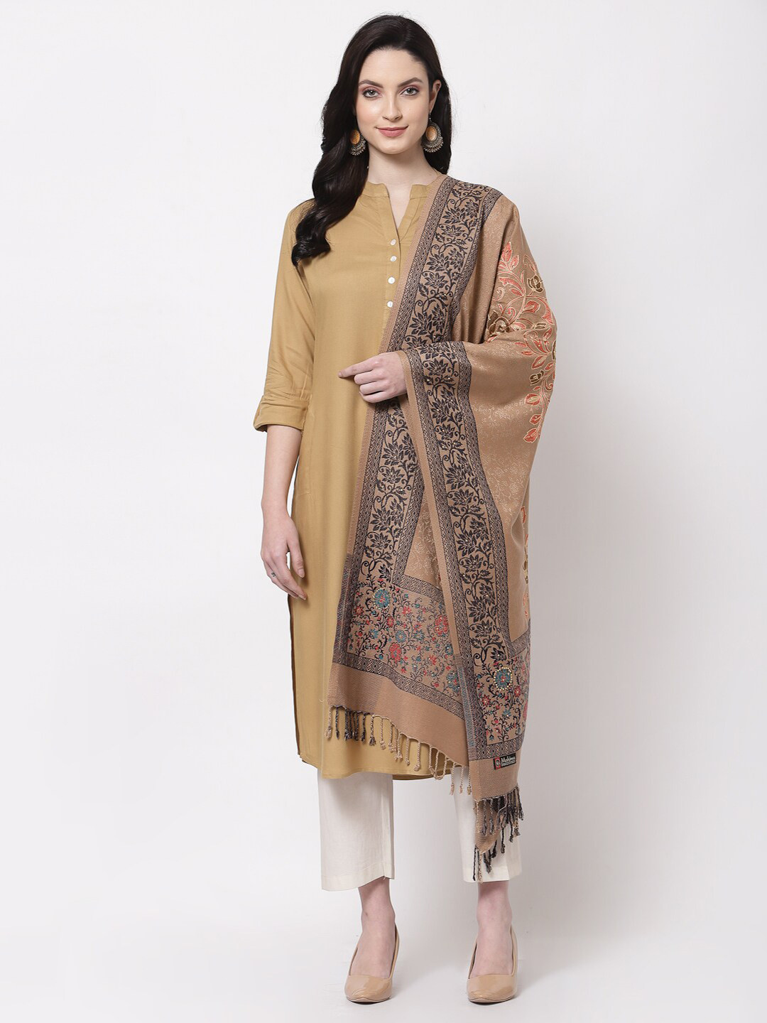 KLOTTHE Women Camel Brown & Orange Embroidered Stole