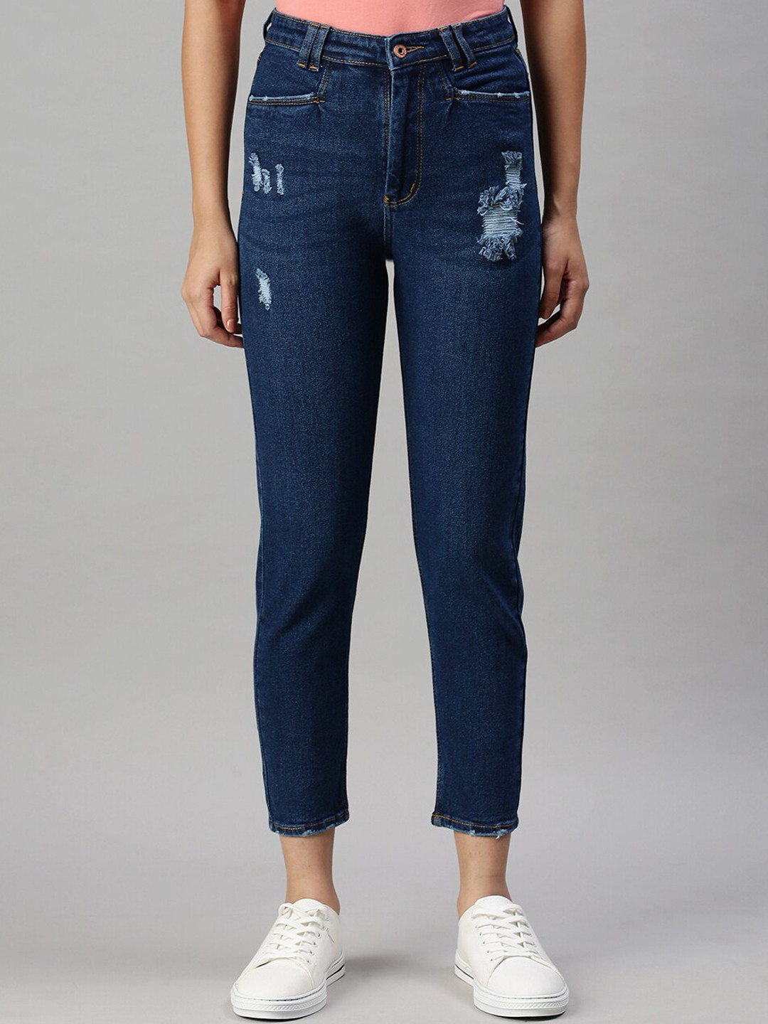 SHOWOFF Women Navy Blue Mom Fit High-Rise Mildly Distressed Stretchable Jeans