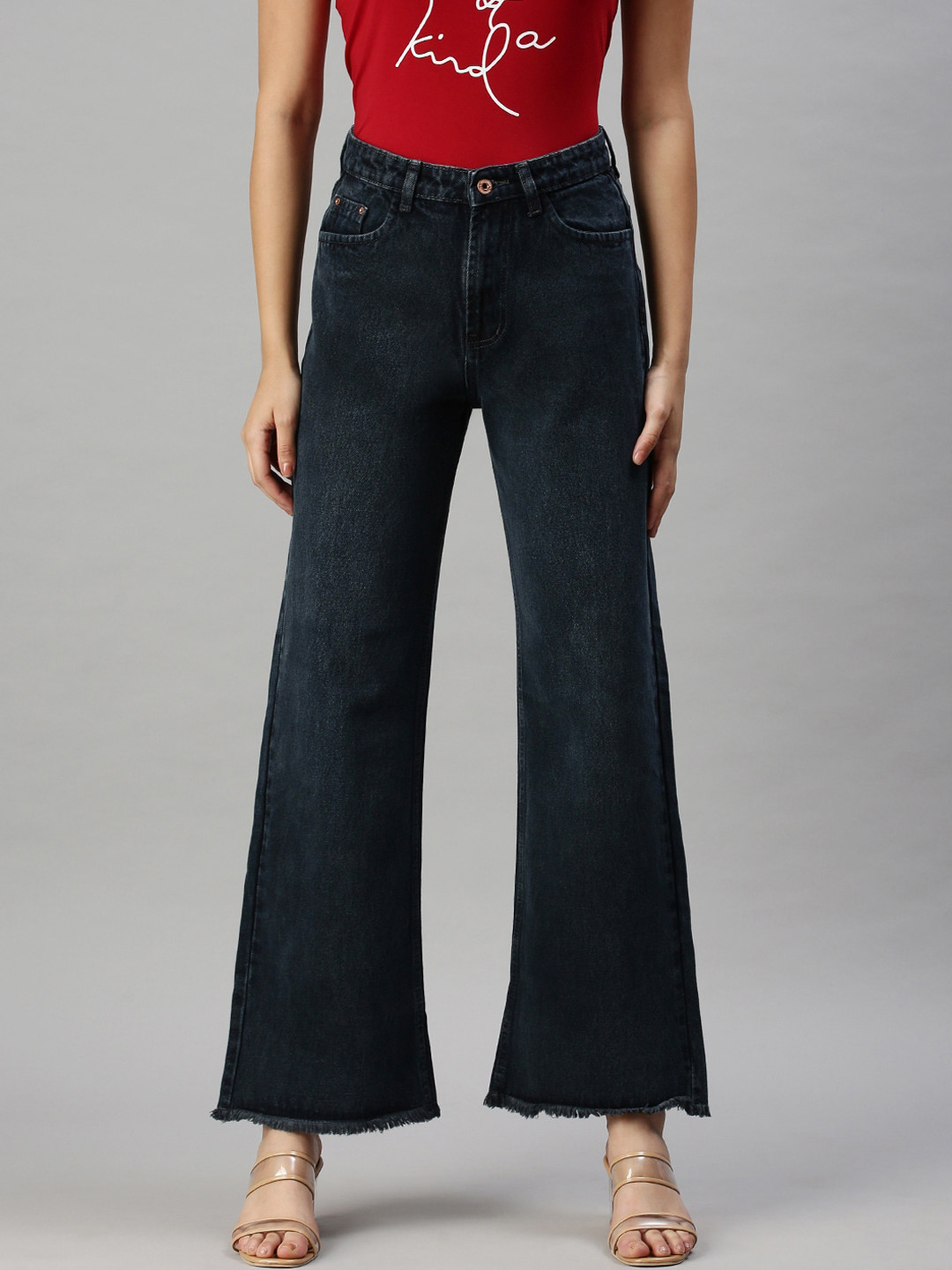 SHOWOFF Women Grey Wide Leg High-Rise Light Fade Clean Look Cotton Jeans