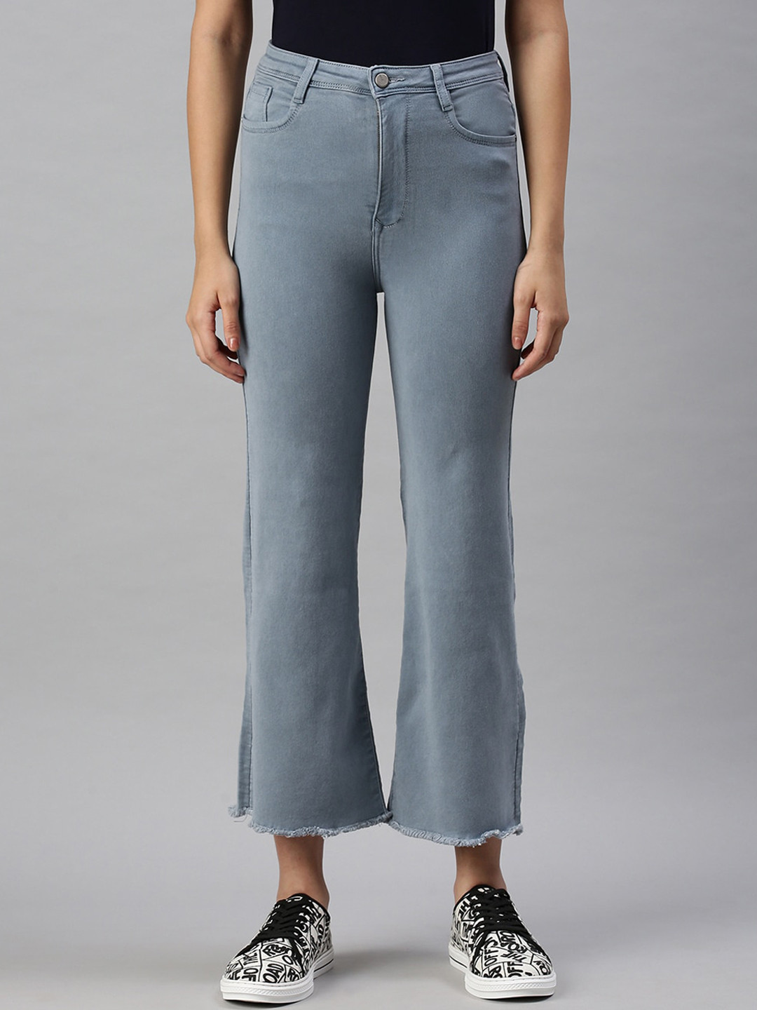 SHOWOFF Women Grey Wide Leg High-Rise Clean Look Stretchable Jeans