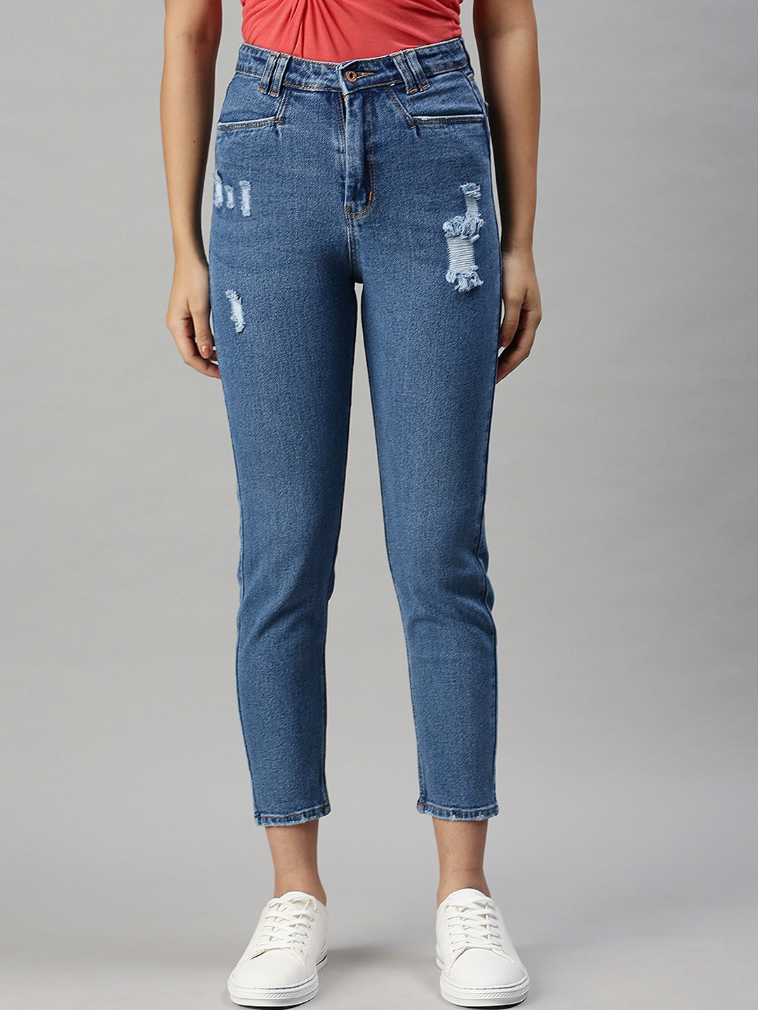 SHOWOFF Women Navy Blue Mom Fit High-Rise Low Distress Stretchable Jeans