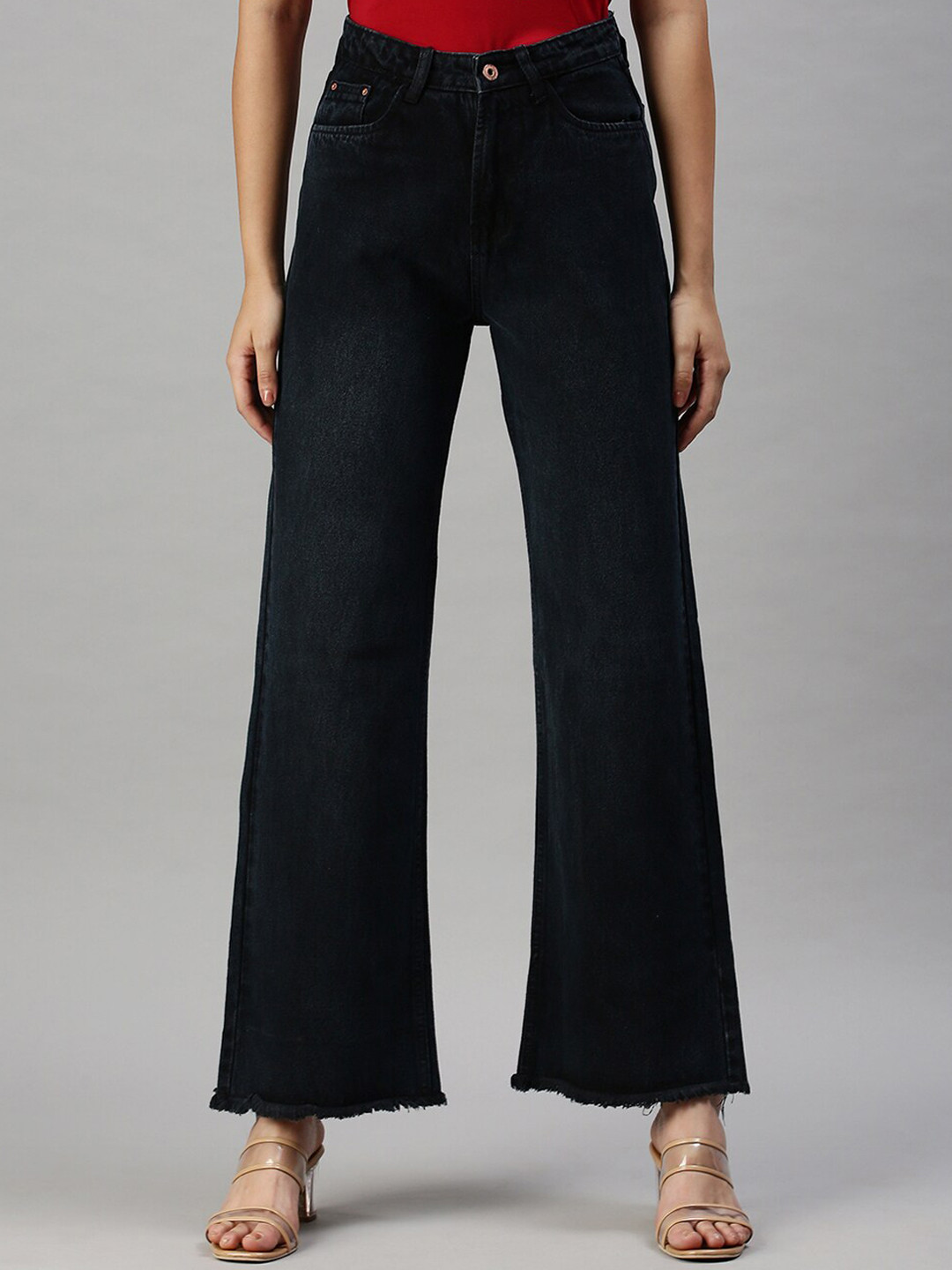 SHOWOFF Women Black Wide Leg Clean Look High-Rise Jeans