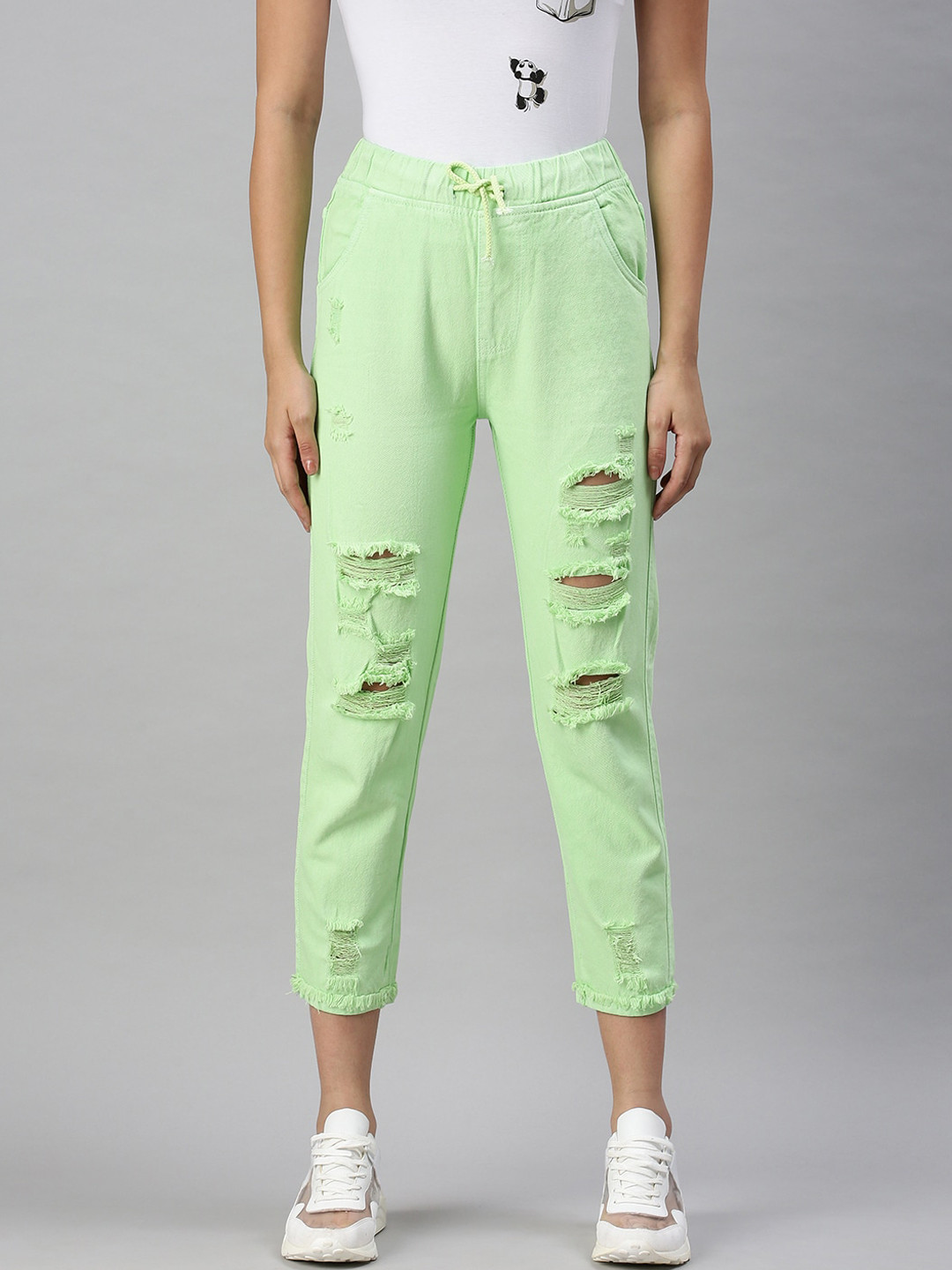 SHOWOFF Women Lime Green Cotton High-Rise Highly Distressed Elasticated Jogger Jeans