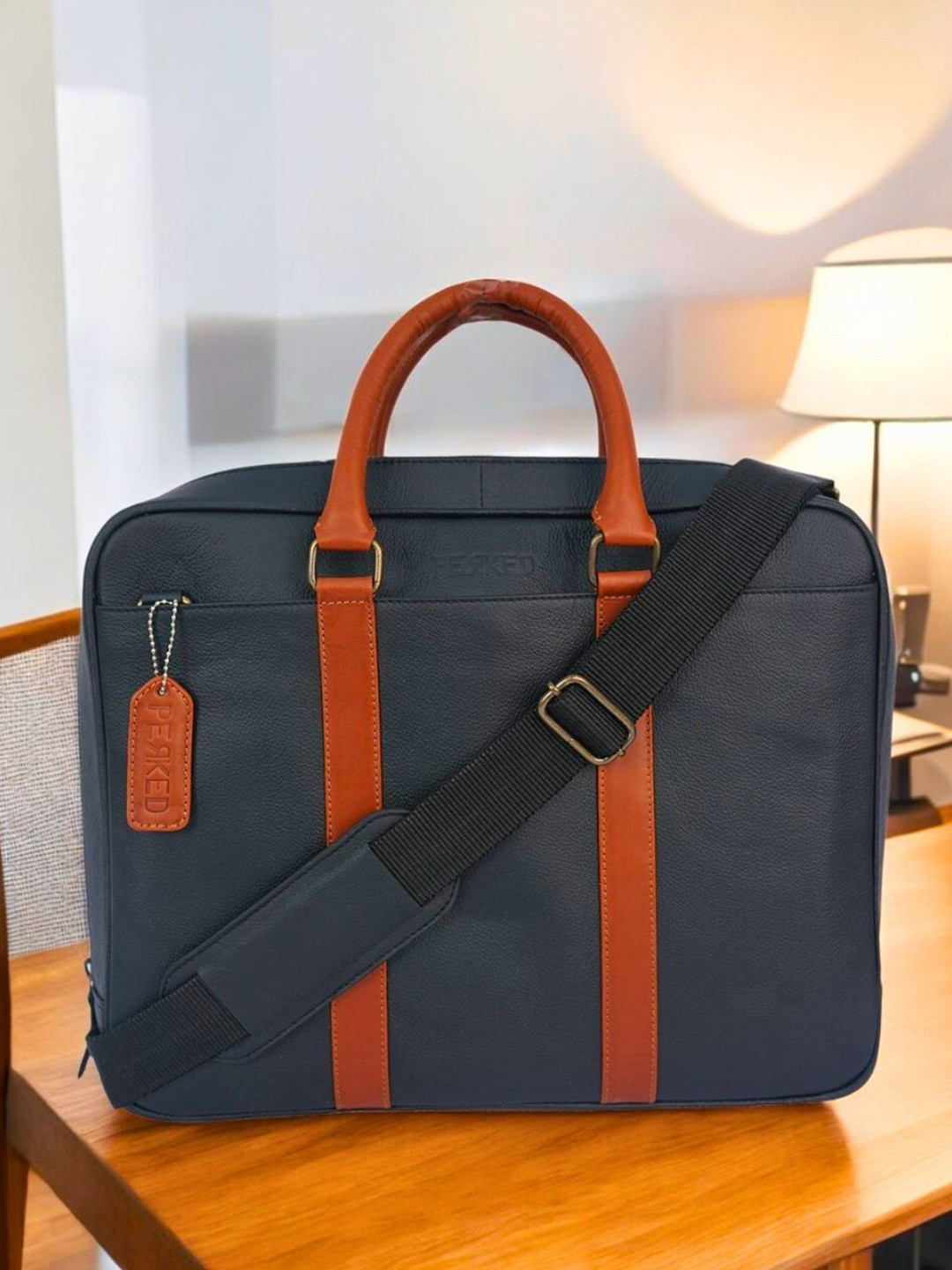 PERKED Unisex Black & Brown 14 Inch Leather Laptop Bag