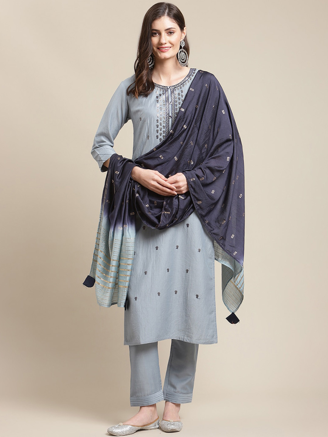 Varanga Women Grey & Navy Blue Floral Embroidered Kurti with Trousers & With Dupatta