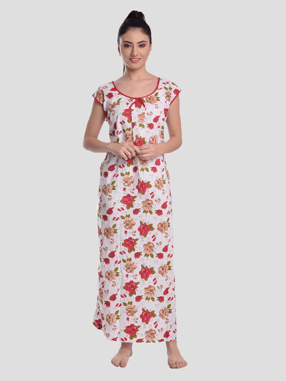 CIERGE Women Red Printed Sleeveless Cotton Maxi Nightdress