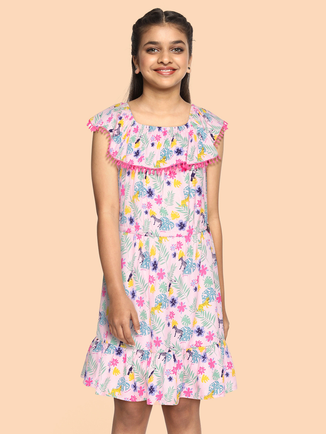 Allen Solly Junior Girls Pink & Green Floral Print Fit & Flare Dress with Attached Shorts