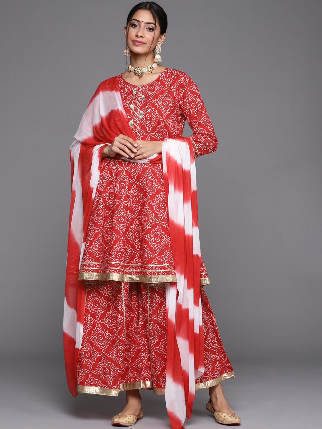 Varanga Women Red & White Bandhani Printed Anarkali Kurta with Sharara & With Dupatta