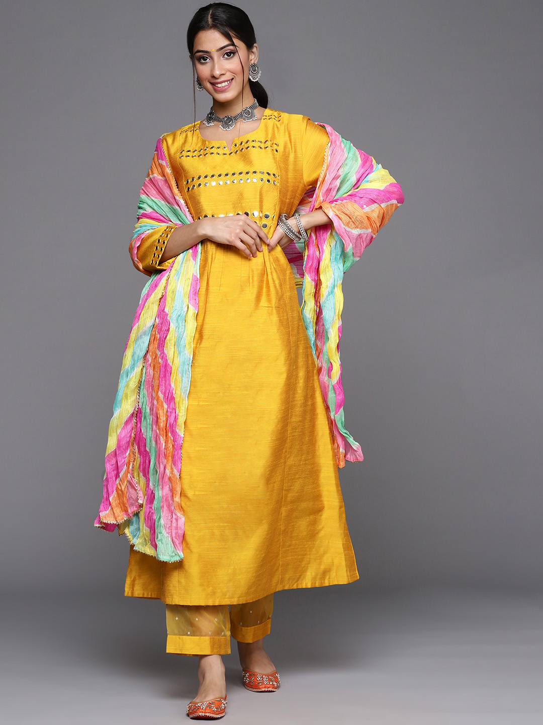 Varanga Women Mustard Yellow & Silver Mirror Yoke A-Line Kurta Trousers & Leheriya Dupatta