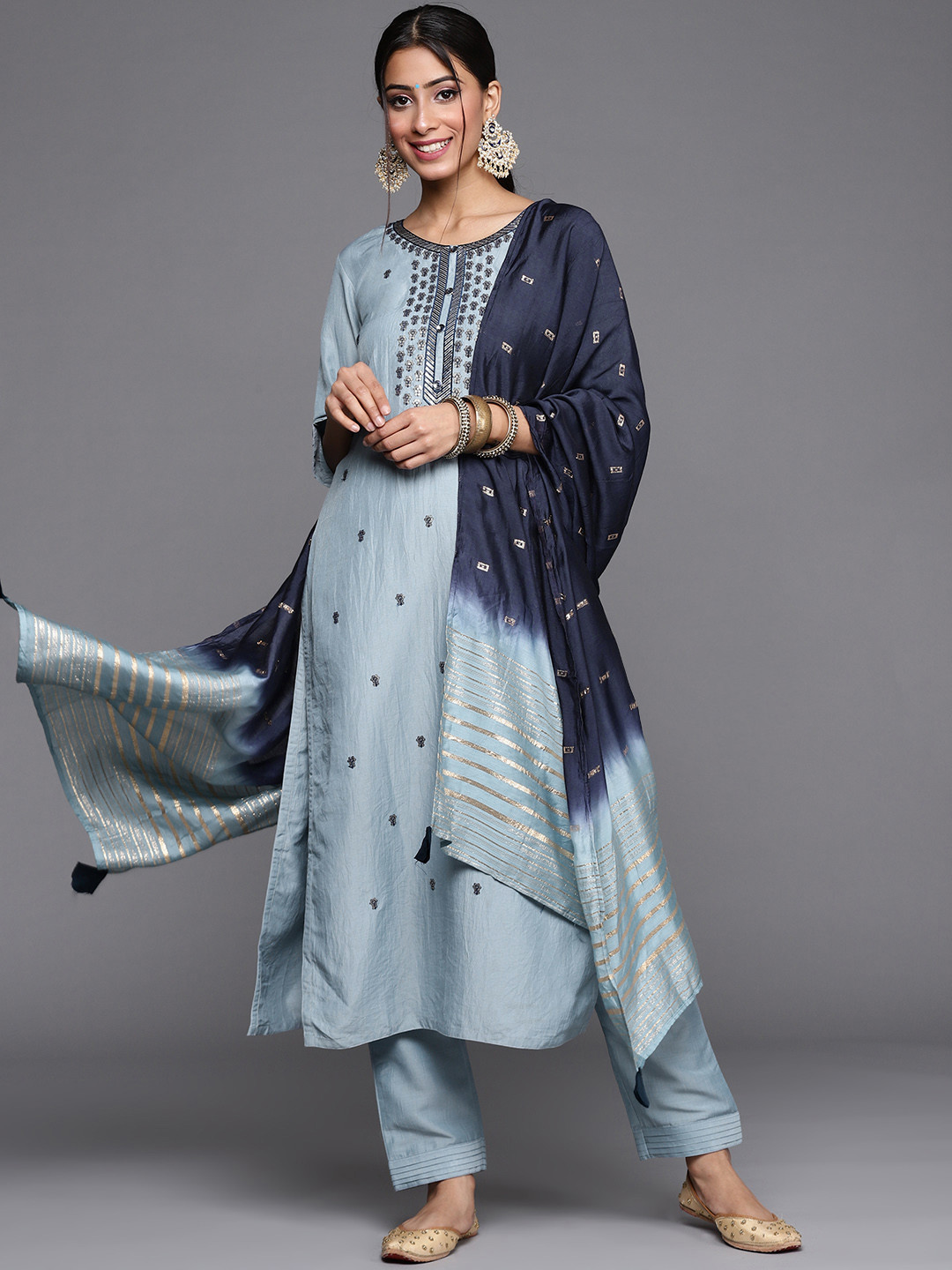 Varanga Women Blue & Silver Floral Sequined Straight Kurta Trousers & Ombre Dyed Dupatta