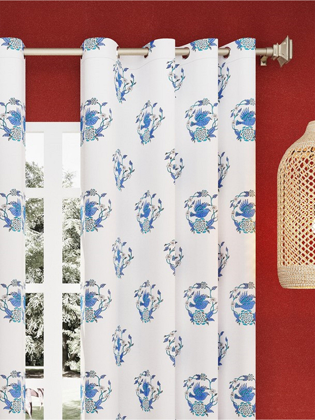 LIVING ROOTS White 1 Piece Ethnic Block Print Pure Cotton Door Curtain with Rings